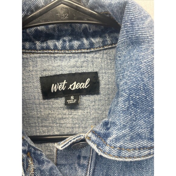 Wet Seal Blue Denim Button Front Cropped Jean Jacket S Stretch Waist Vintage Y2K - Picture 5 of 8